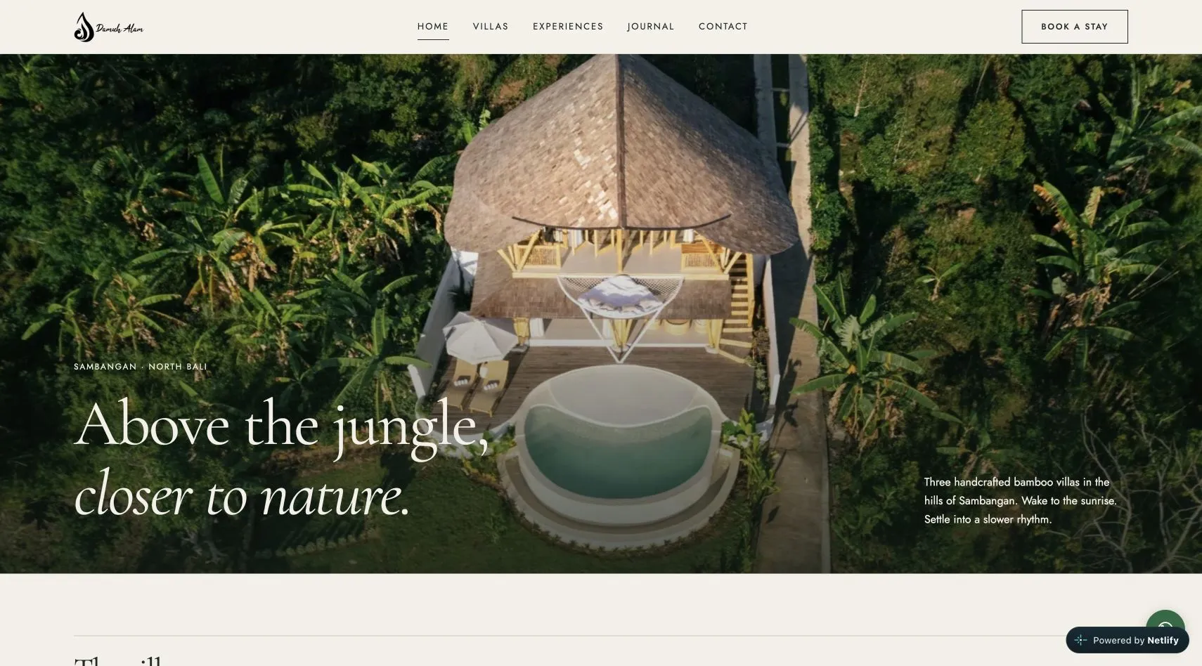 Damuh Alam website, showing a bamboo villa above the jungle